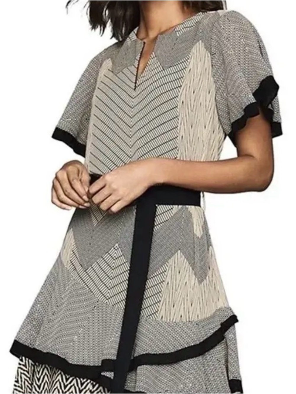 Reiss Hannah Zigzag Flutter Sleeve Belted Mini Dress